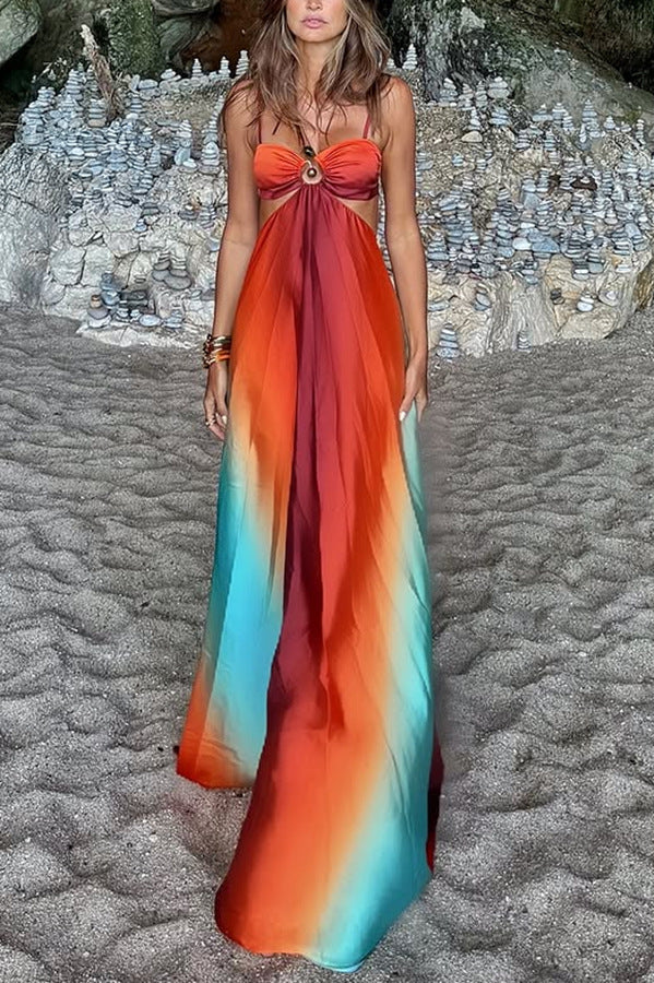 Exquisite Beach Dress featuring a flowing maxi design with ombré orange to turquoise gradient