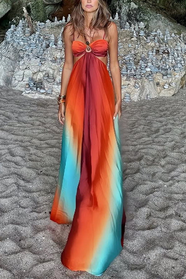 Exquisite Beach Dress featuring a flowing maxi design with ombré orange to turquoise gradient
