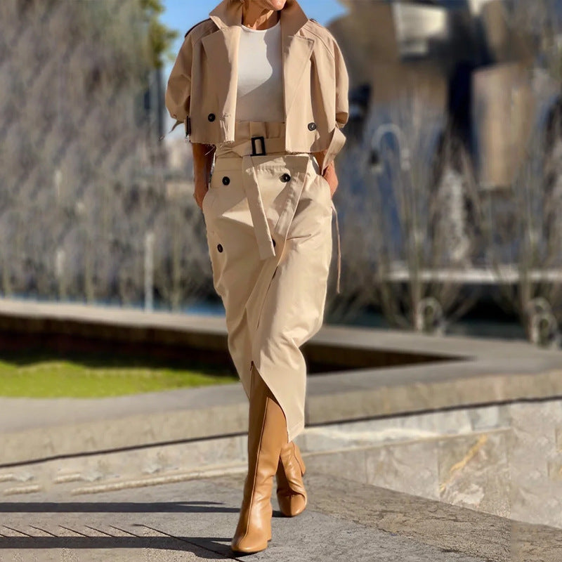 Woman in beige trench coat outfit from Ladies Suit Autumn Hard Casual Two Piece Set, stylish fashion