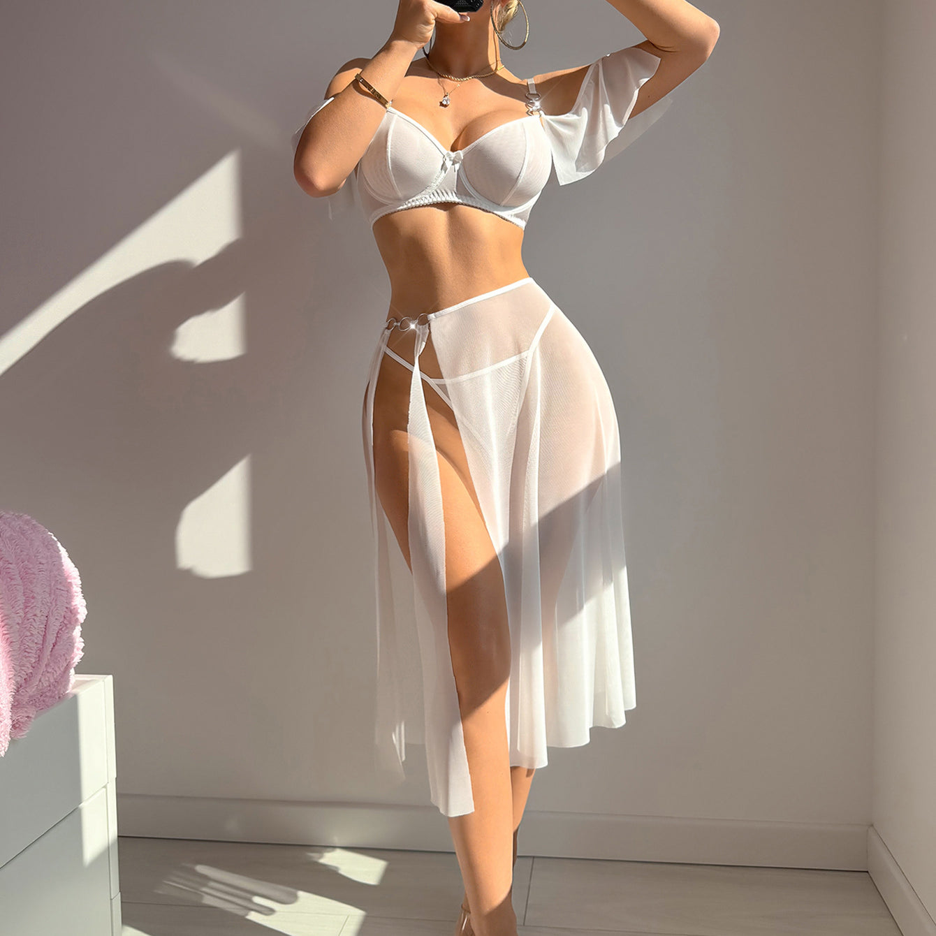 White sheer mesh langry dress with high slit and lace-up front