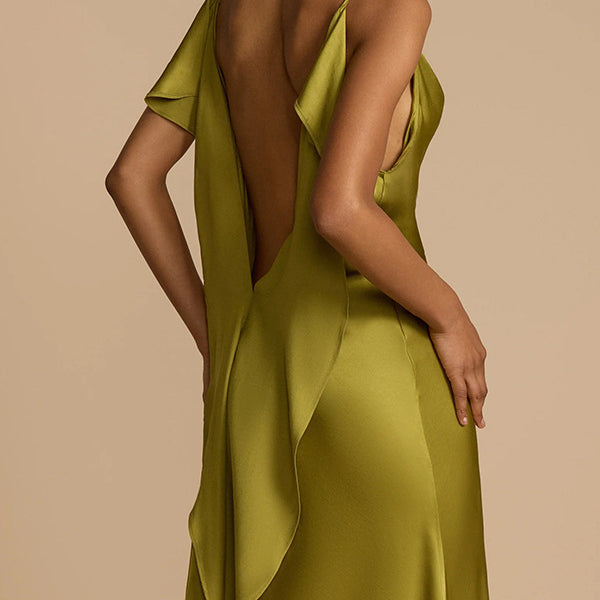 Olive green satin dress with open back, perfect for elegant fashion occasions