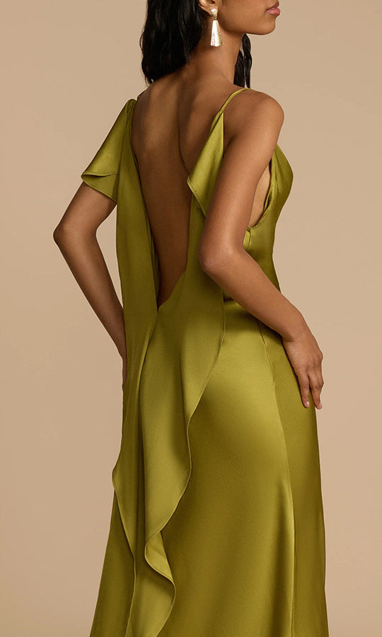 Olive green satin dress with open back, perfect for elegant fashion occasions