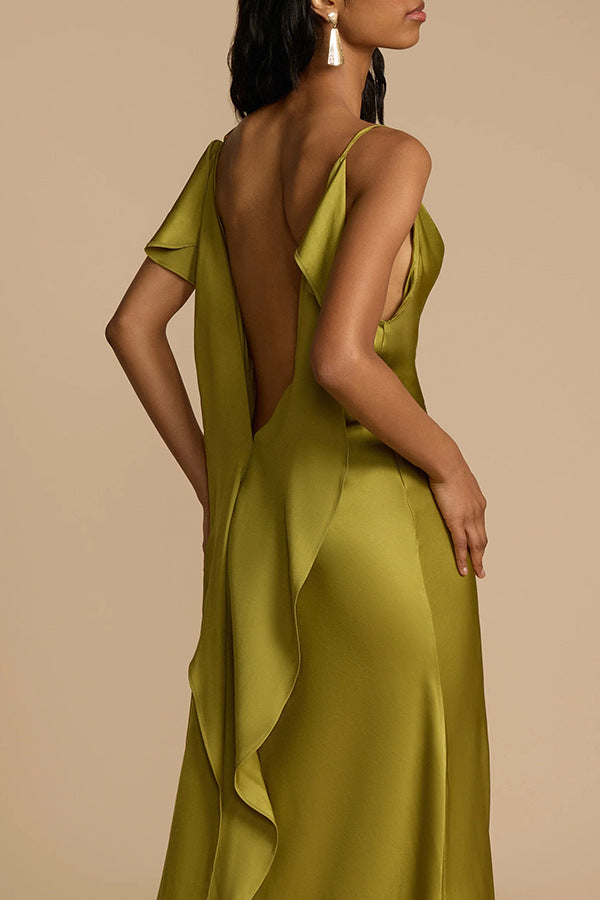 Olive green satin dress with open back, perfect for elegant fashion occasions