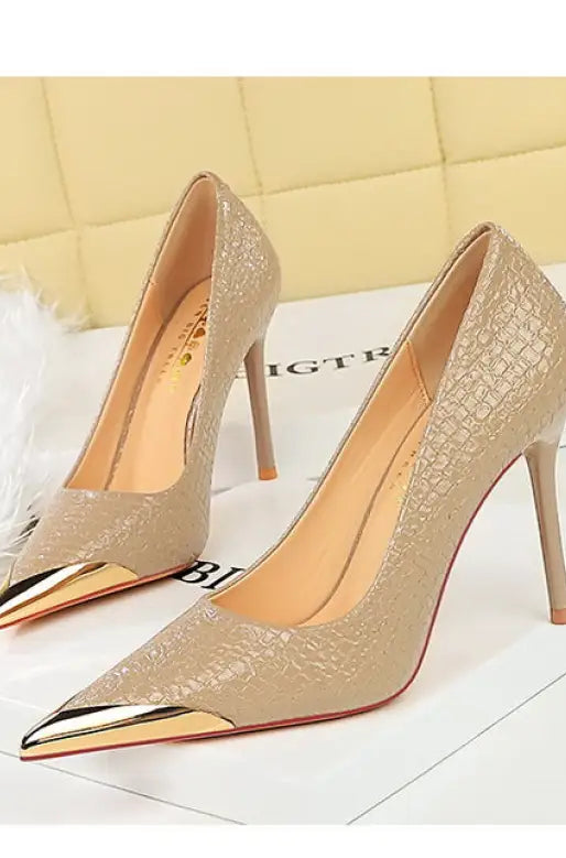Beige stiletto heels with gold toe caps in Langry fashion leather low cut metal pointed high heel