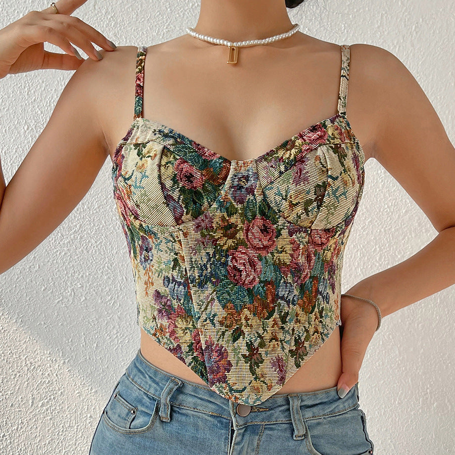 Street Retro Floral Niche Corset Top with sweetheart neckline and pointed hem