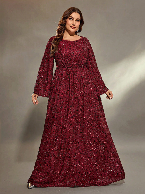 Burgundy sequined long-sleeved evening gown from Extra Flattering Evening Dress collection, stylish and luxurious fashion ملابس