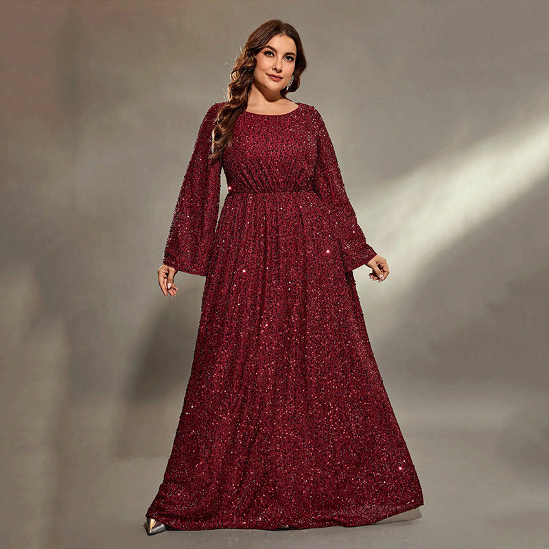 Burgundy sequined long-sleeved evening gown from Extra Flattering Evening Dress collection, stylish and luxurious fashion ملابس