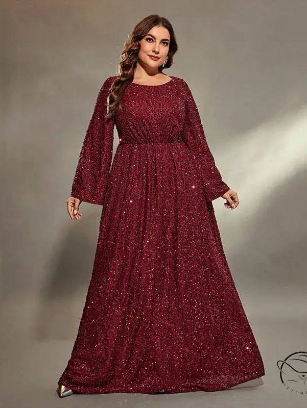 Extra flattering burgundy sequined long-sleeved evening dress