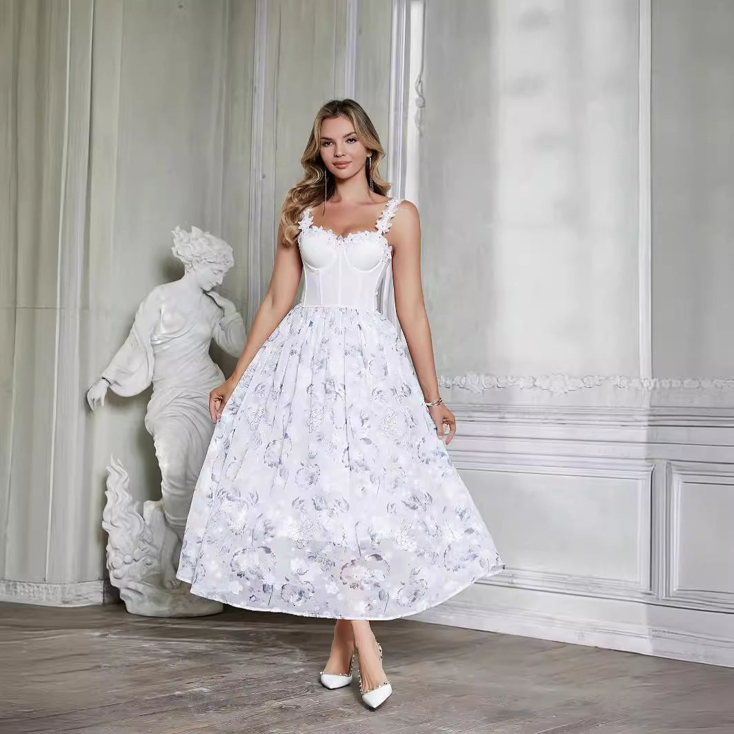 Elegant white floral chiffon dress showcasing sophisticated fashion and feminine style