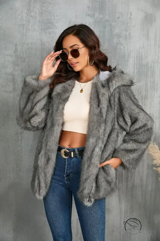 Grey Langry faux fur oversized hooded coat with belt