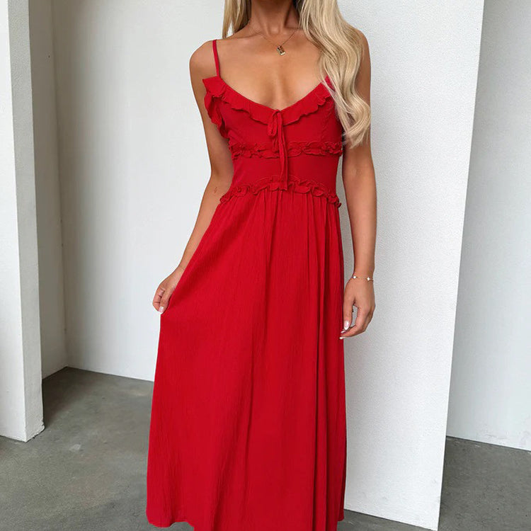 Red midi sundress with spaghetti straps, tie-front detail, ideal for elegant fashion ملابس