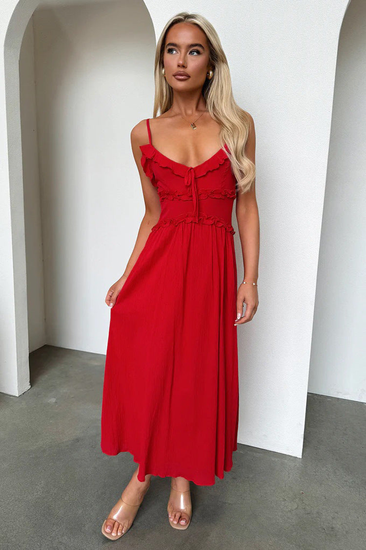 Red midi sundress with spaghetti straps, tie-front detail, ideal for elegant fashion ملابس