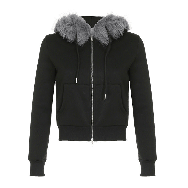 Black zip-up hoodie with faux fur trim from Retro Loose Fur Warm Coat, perfect for langry fashion and ملابس