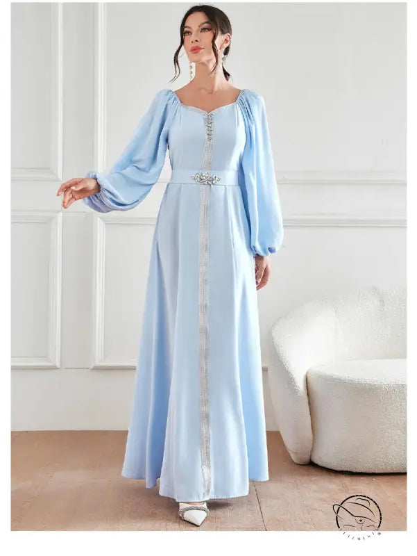 Elegant langry fashion light blue satin gown with bell sleeves and beaded waistband