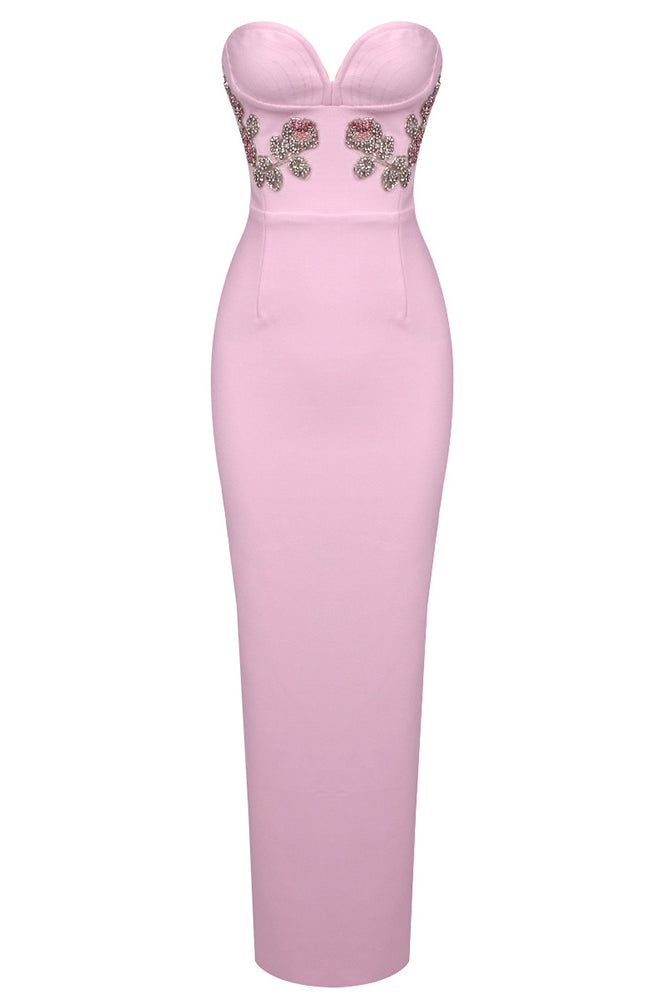 Elegant Pink Tube Top Maxi Dress featuring a pink strapless fitted gown design