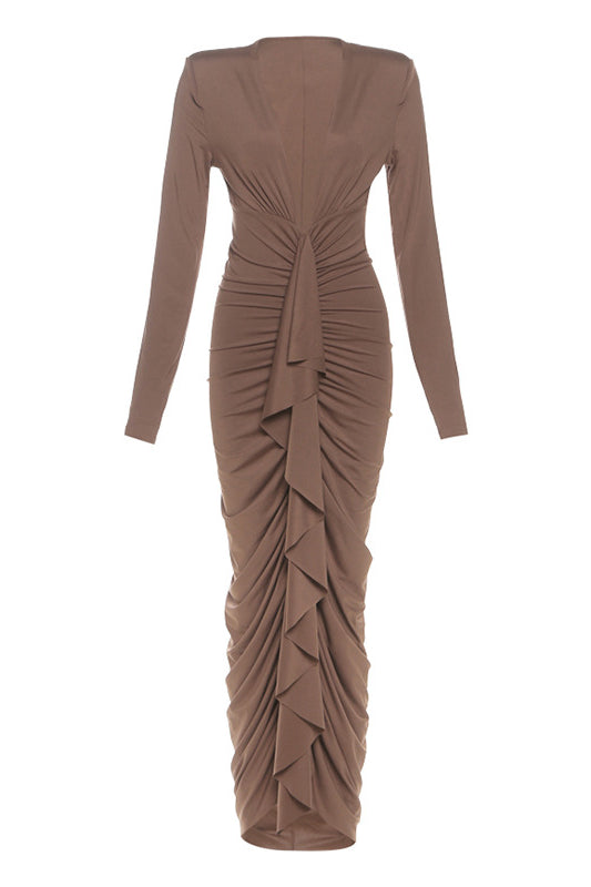 Elegant slim evening dress in brown ruched fashion with long sleeves and asymmetrical neckline