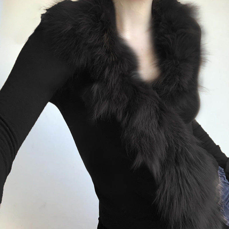 Elegant fur collar black top showcasing fashionable style and ملابس for sophisticated looks