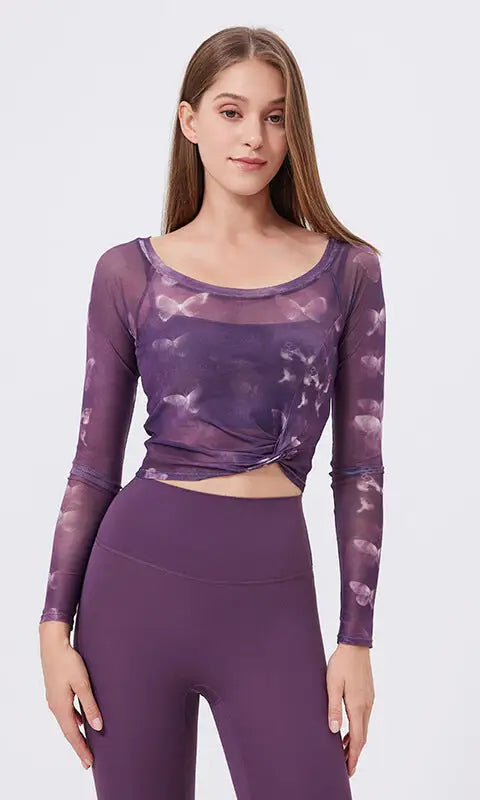 Floral Butterfly Faux Two Piece Sports t Shirt Women Long Sleeve with Chest Pad Yoga Clothes Mesh Top Quick Drying