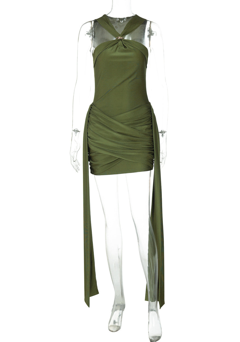 Beautiful langry olive green halter sheath dress with sheer ruched panel