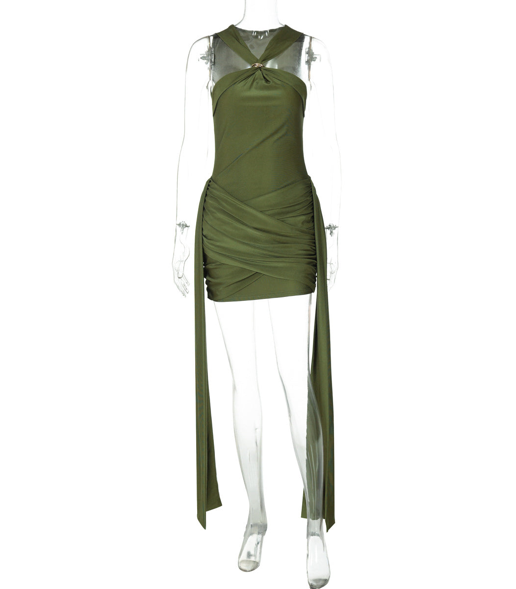 Beautiful langry olive green halter sheath dress with sheer ruched panel