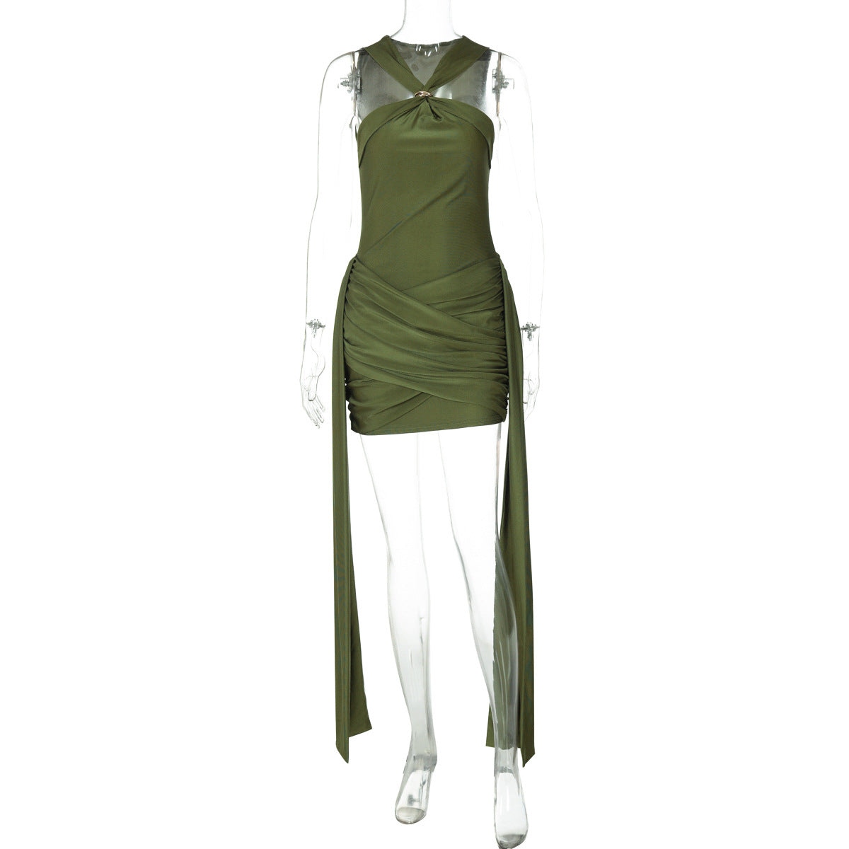 Beautiful langry olive green halter sheath dress with sheer ruched panel