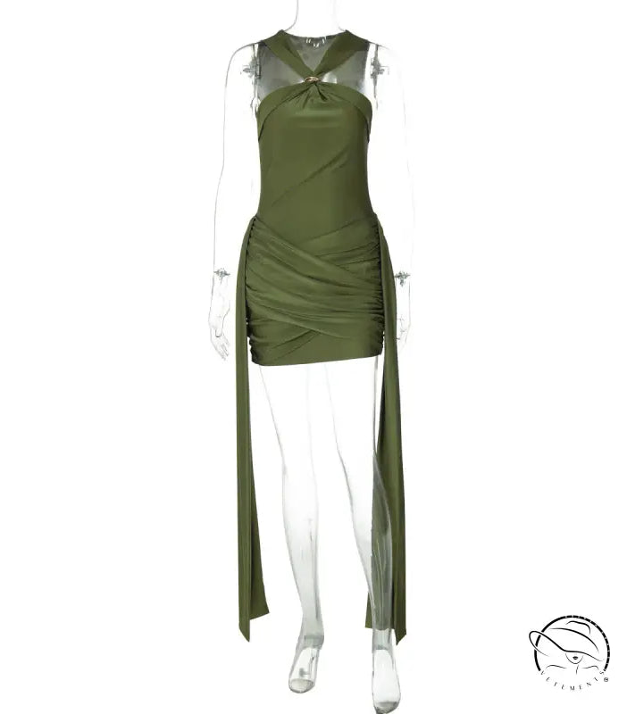 Olive green langry fashion sheath dress with sheer panel and ruched details