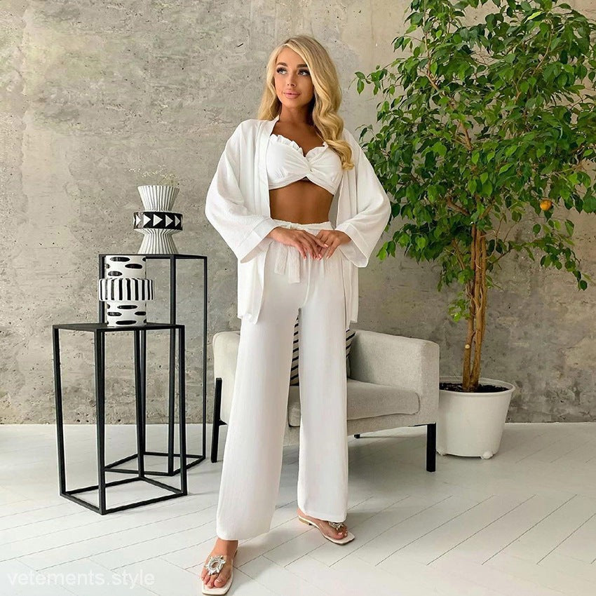 White three-piece lounge set from SWEET RUFFLED PAJAMAS with ruffled wrapped chest design