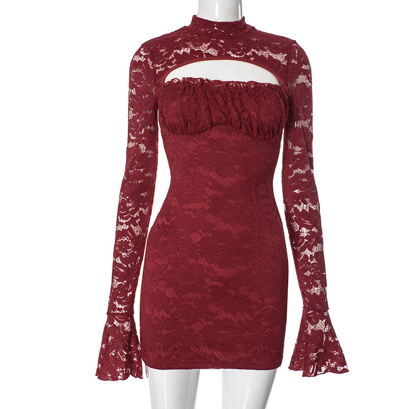Elegant Short Dress featuring a Burgundy Lace Bodycon design with Bell Sleeves and Chest Cutout
