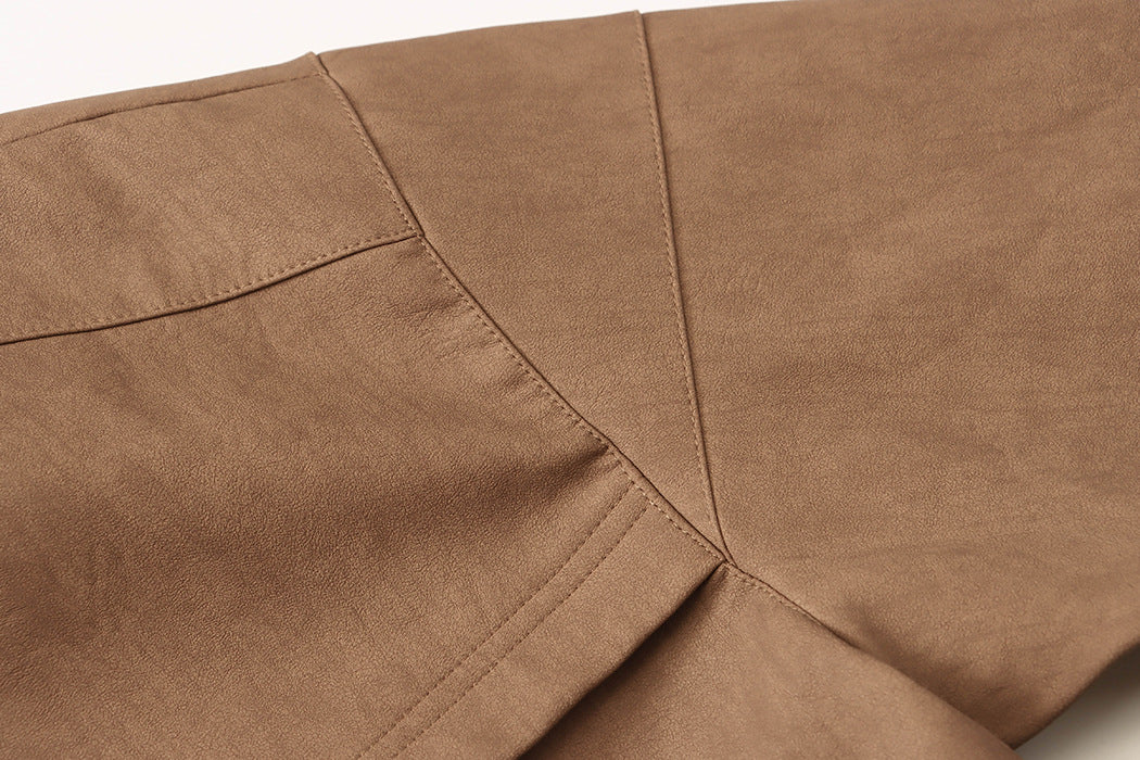 Close-up of brown faux leather garment detail from high-quality casual leather coat for fashion lovers