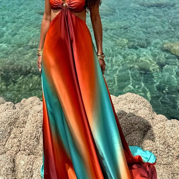 Exquisite Beach Dress featuring a flowing maxi design in orange and turquoise ombre