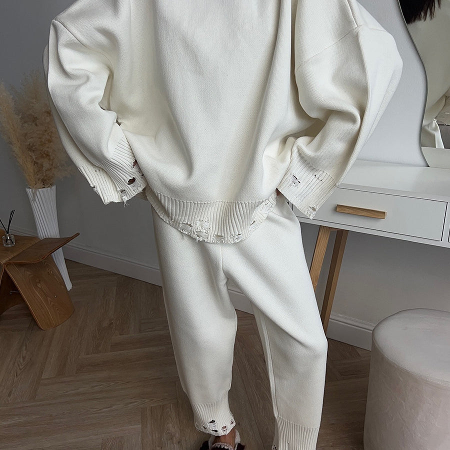 Winter Knitted Ankle Tight Pants Turtleneck Sweater Set