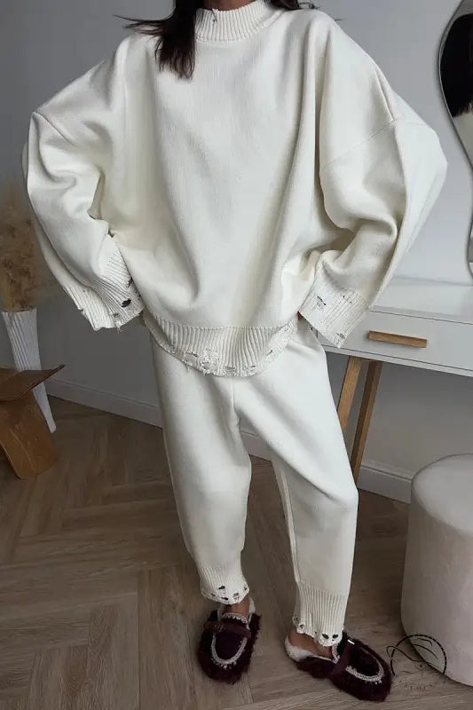 Winter Knitted Ankle Tight Pants Turtleneck Sweater Set