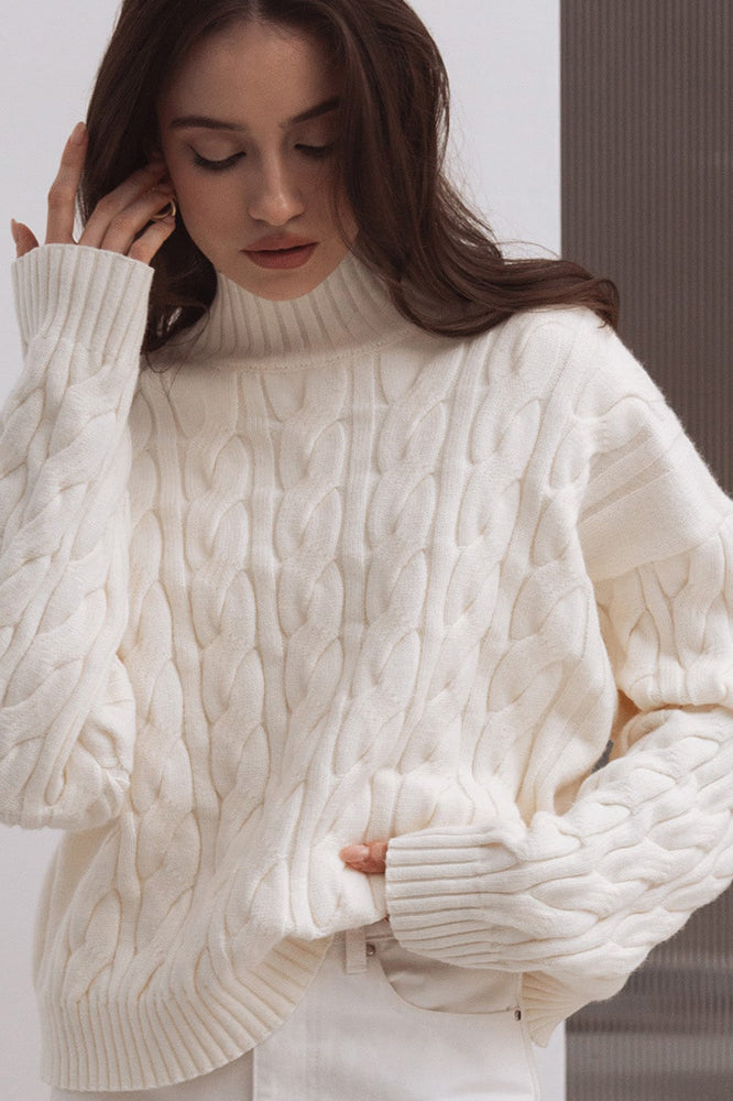 Cream cable knit sweater from Langry fashion brand, loose winter style