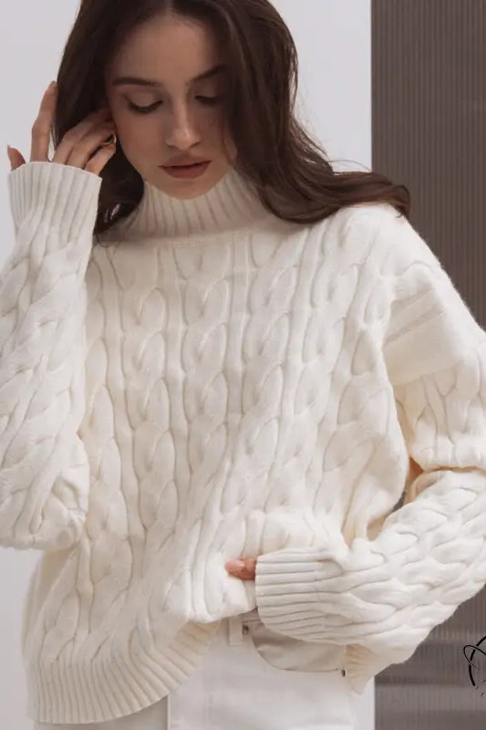Winter loose knit sweater in cream cable knit with ribbed cuffs and hem, langry fashion ملابس