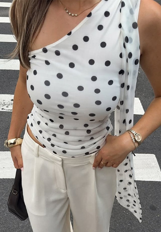 Langry polka dot one-shoulder slim fit tank top in white black fashion