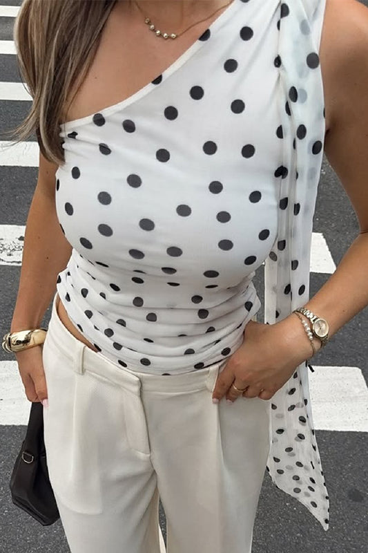 Langry polka dot one-shoulder slim fit tank top in white black fashion
