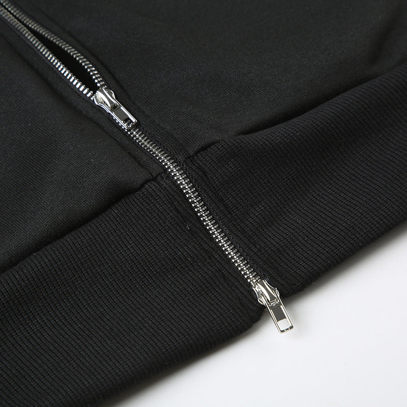 Black zippered hoodie with ribbed cuffs and hem, perfect for Langry fashion and ملابس
