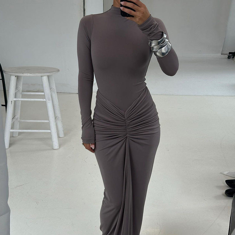 Taupe long-sleeved ruched maxi dress from Elegant Slimming Beam Waist Fashion collection