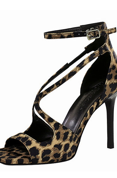 Langry fashion leopard print square high heel ankle strap sandal