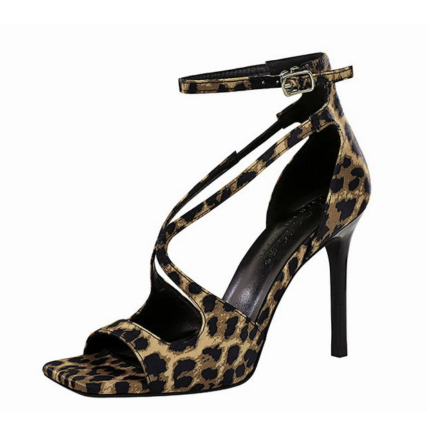 Langry fashion leopard print square high heel ankle strap sandal