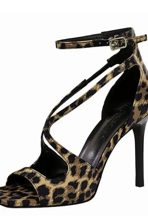 Langry fashion cocktail leopard print square high heel sandal with ankle strap