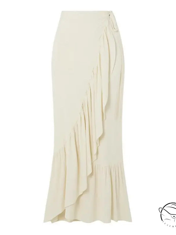 Cream-colored ruffled maxi skirt in elegant retro swimsuit