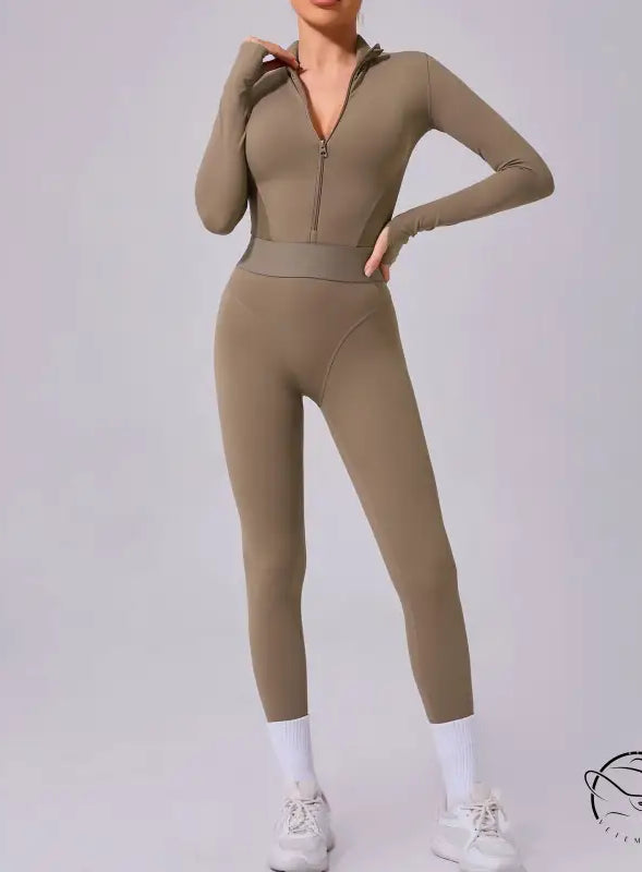 Olive-green Comfy Mesh Stitching Fitness Jumpsuit in Langry fashion