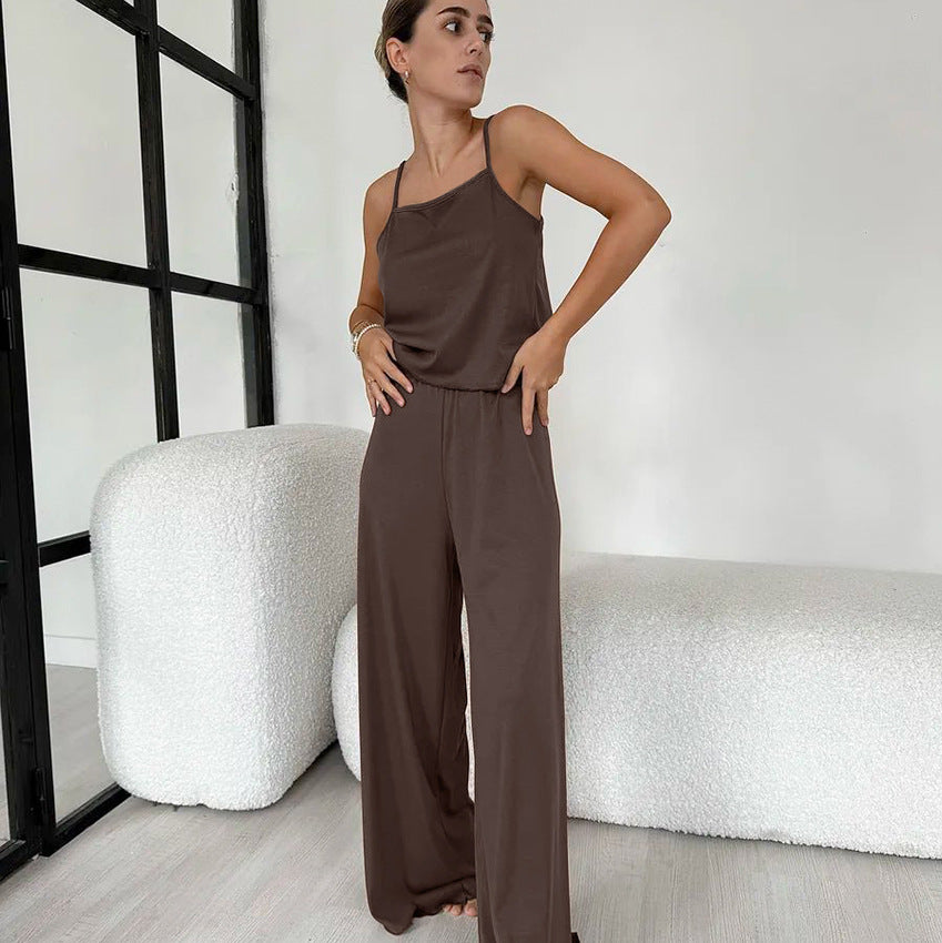 Brown sleeveless camisole top and wide-leg pants set from Casual Comfortable Knitted Pajamas
