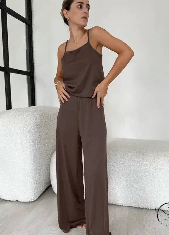 Casual comfortable knitted pajamas: brown sleeveless camisole top and wide-leg pants set