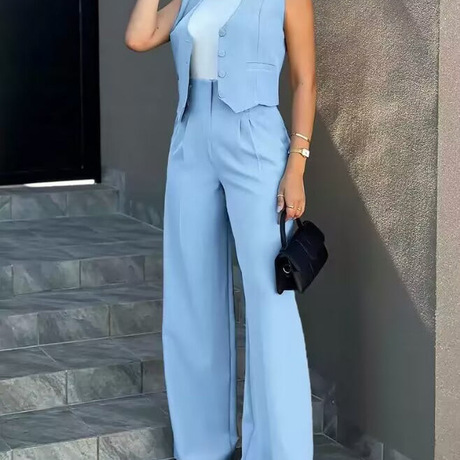 Light blue Elegant Vest Jacket Wide Leg Pants Set for fashionable ملابس styles