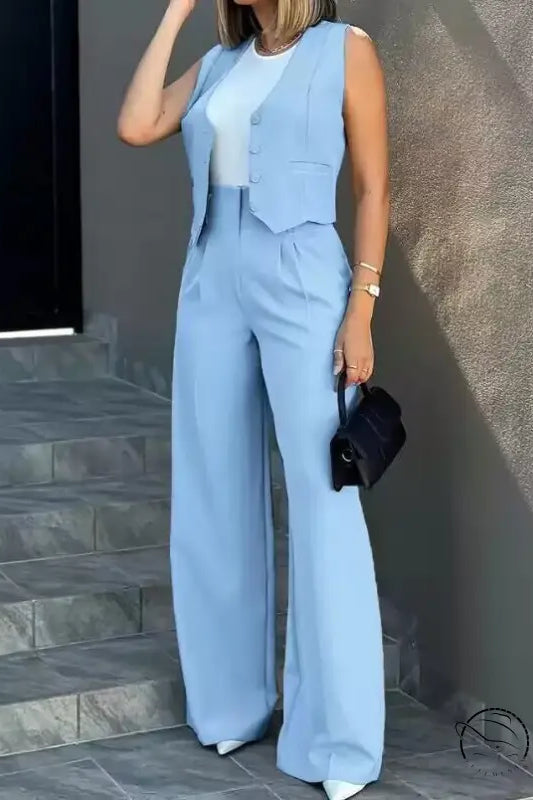 Elegant vest jacket wide leg pants set in light blue