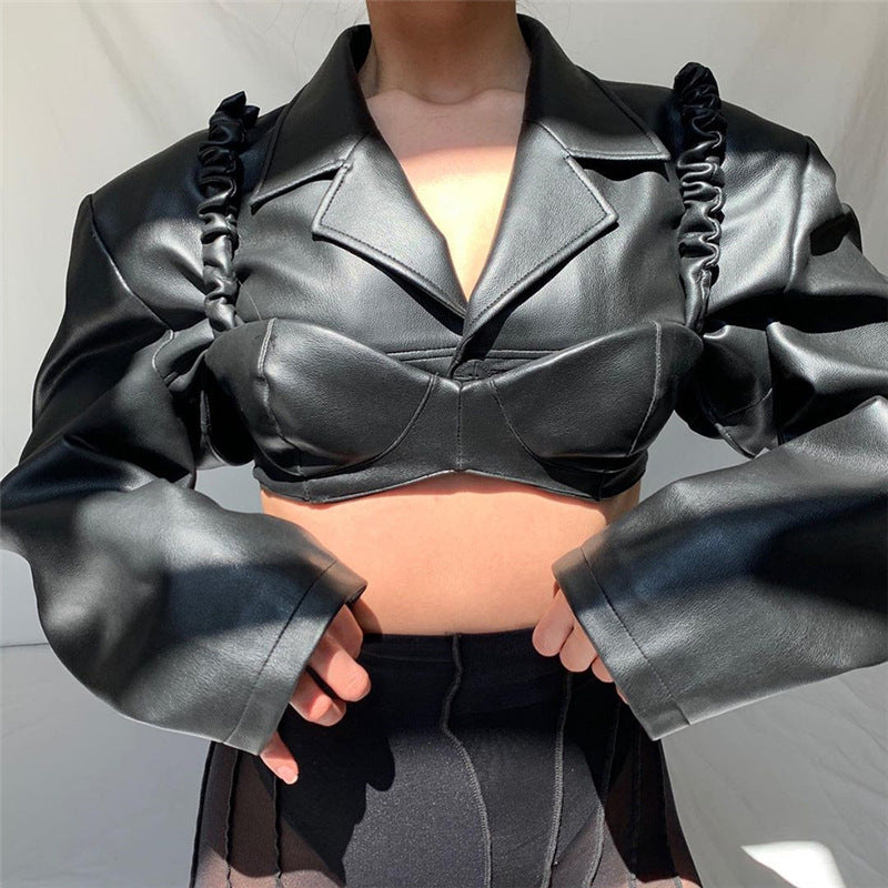 Elegant Slimming Faux Leather Shacket showcasing a stylish black leather cropped jacket for fashionistas