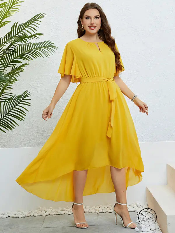 Woman in elegant lace up yellow high-low dress with free shipping