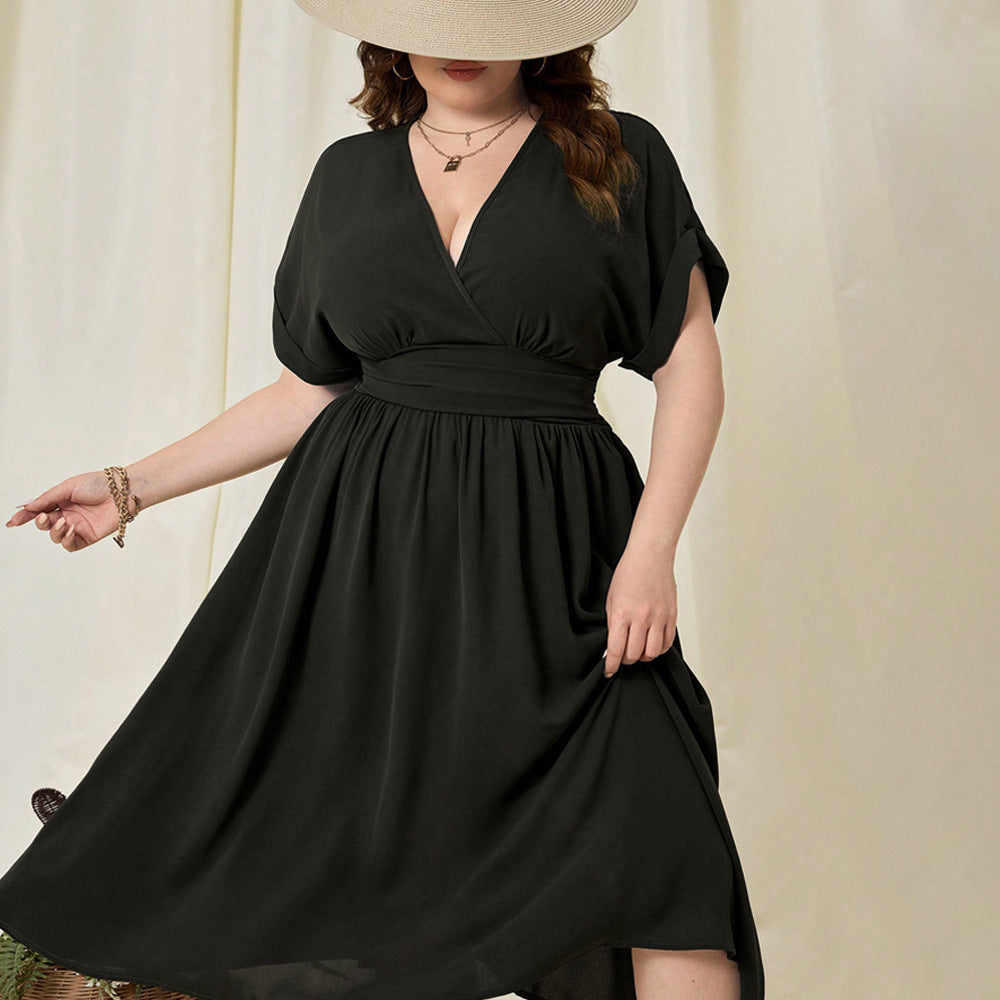 Plus size black high waist vacation high midi dress with flowy short sleeves